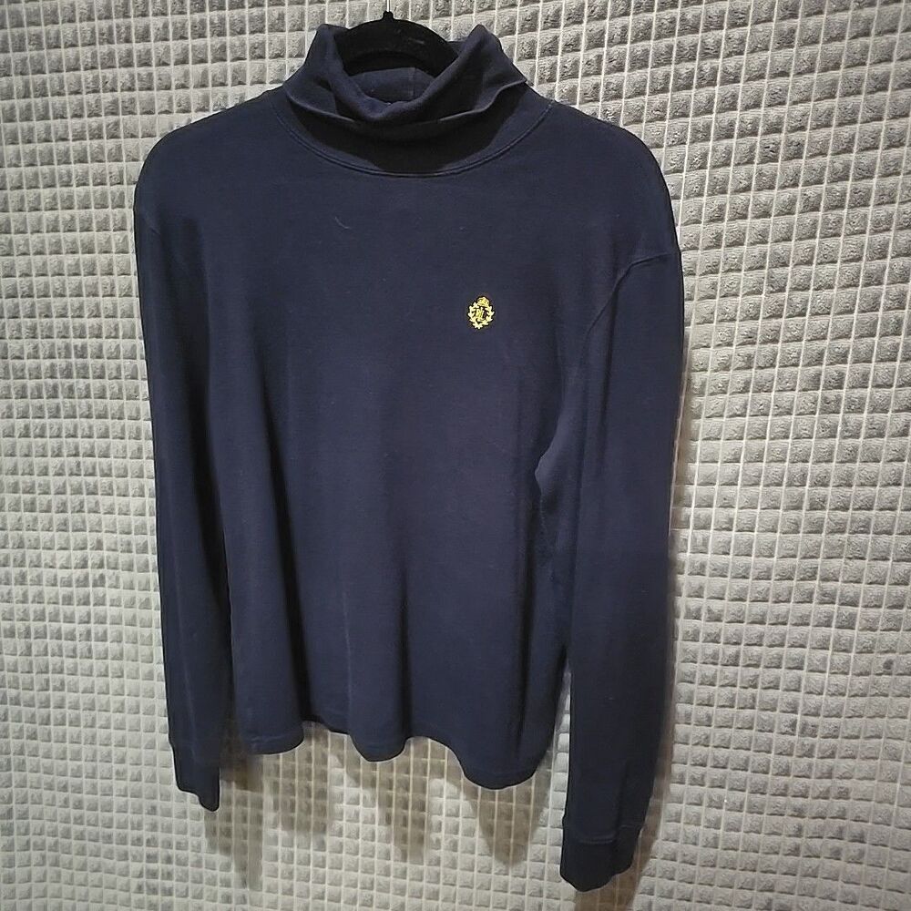 LRL Navy Cotton Monogram Turtleneck SzLg VTG 90s USA Logo Stretch Preppy Sporty